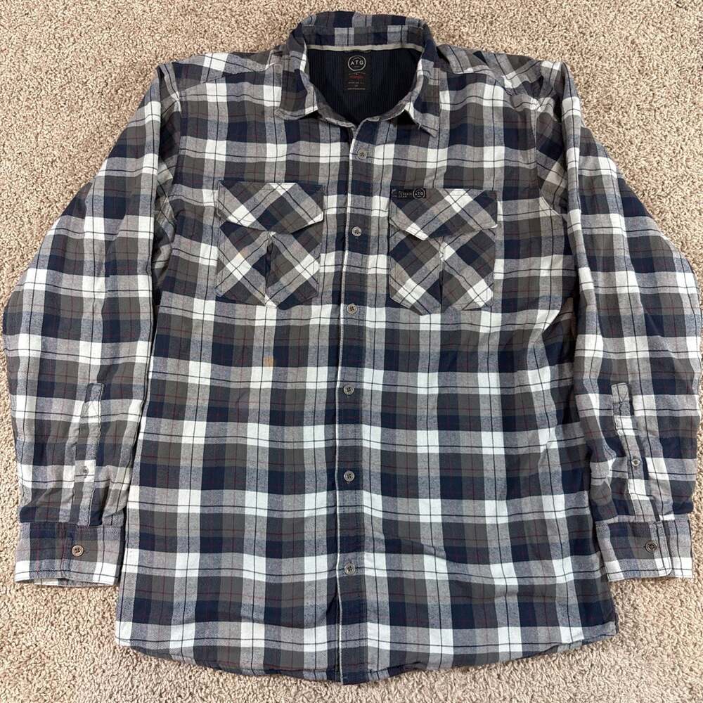 Wrangler ATG Flannel‎ Shirt Mens LT Gray Plaid All Terrain Gear Outdoor EUC